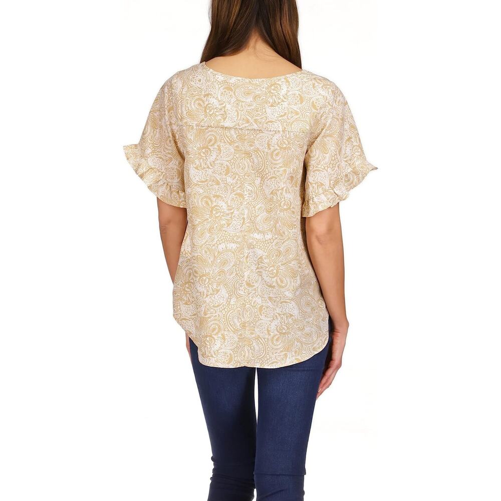 Michael Kors Women Beige Paisley Satin Boho Casual Ruffle Sleeve Top Size M - Picture 3 of 6